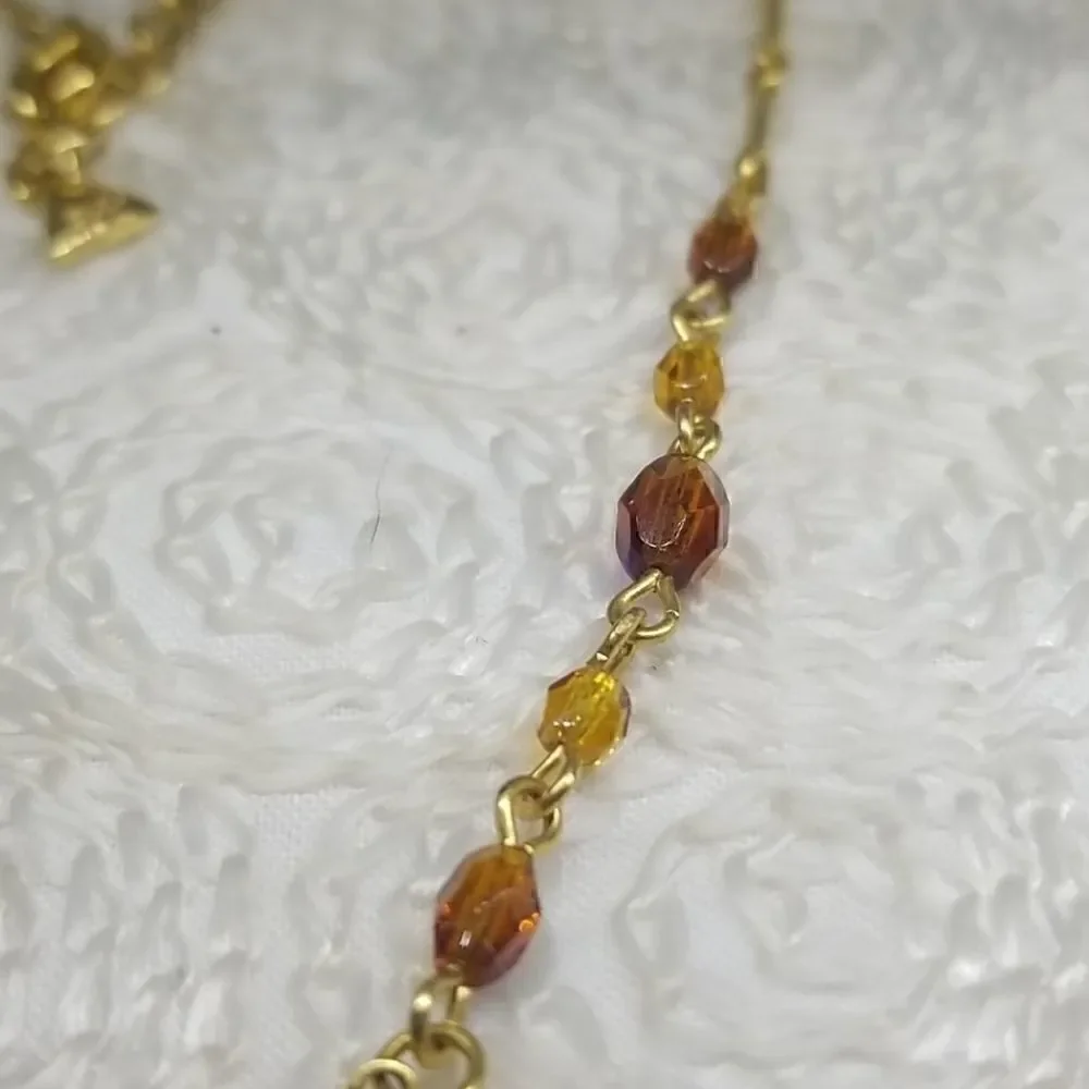 LCI Liz Claiborne Necklace Crystal Brown Beads Gold Tone Links Necklace
